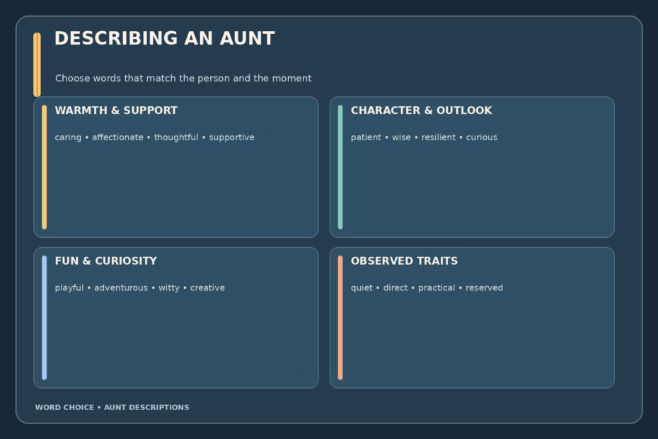 Guide to aunt adjectives grouped by warmth and support, character and outlook, fun and curiosity, and neutral observed traits.