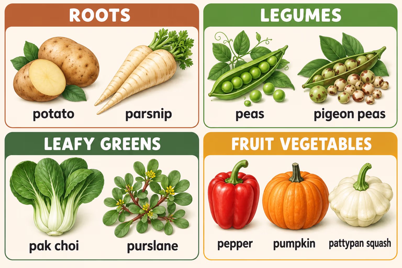 Chart grouping P vegetables as roots, legumes, leafy greens and fruit vegetables