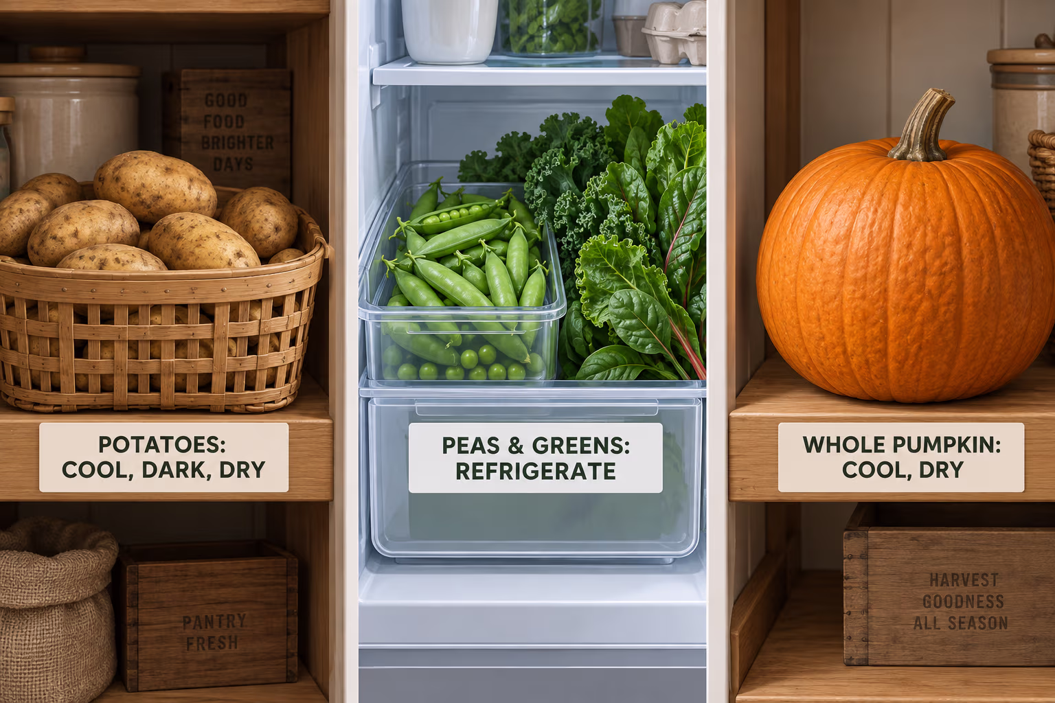 Storage chart showing potatoes in a cool dark pantry, peas and greens refrigerated, and whole pumpkin in a cool dry place