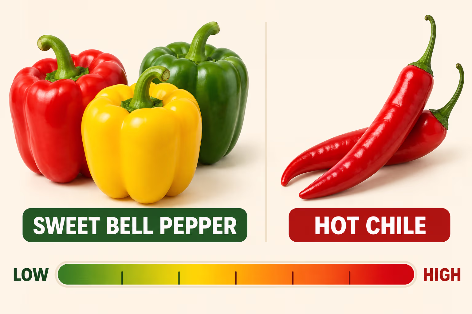 Bell peppers compared with hot chile peppers on a low-to-high heat scale