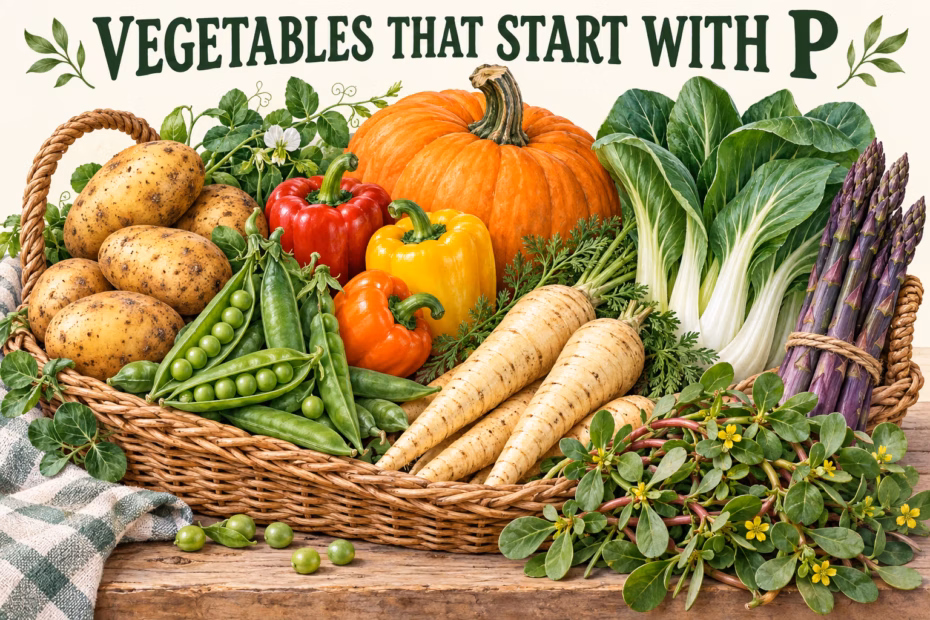 Illustrated basket of potatoes, peas, peppers, pumpkin, pak choi, parsnips and purple asparagus