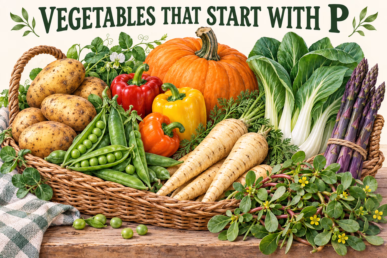 Illustrated basket of potatoes, peas, peppers, pumpkin, pak choi, parsnips and purple asparagus