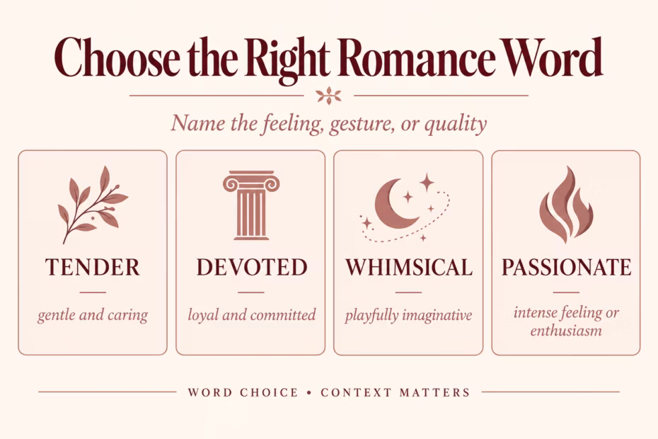 Romance word-choice guide: tender means gentle and caring, devoted means loyal and committed, whimsical means playfully imaginative, and passionate means intense feeling or enthusiasm.