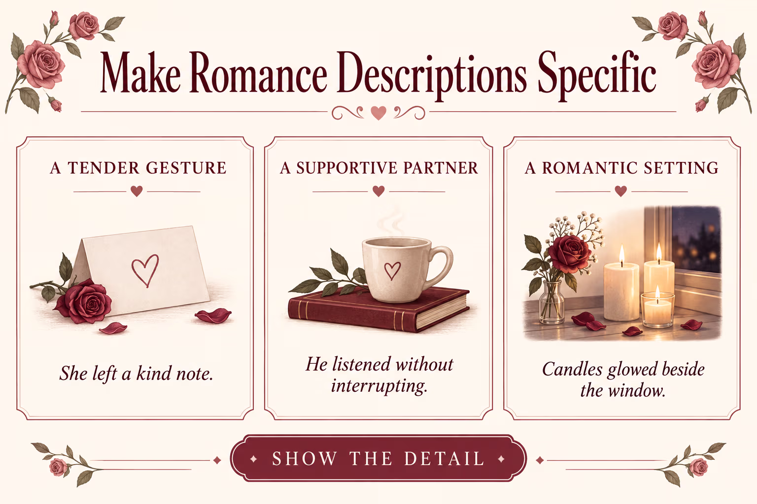 Specific romance descriptions: a tender gesture is a kind note, a supportive partner listens without interrupting, and a romantic setting has candles glowing beside a window.