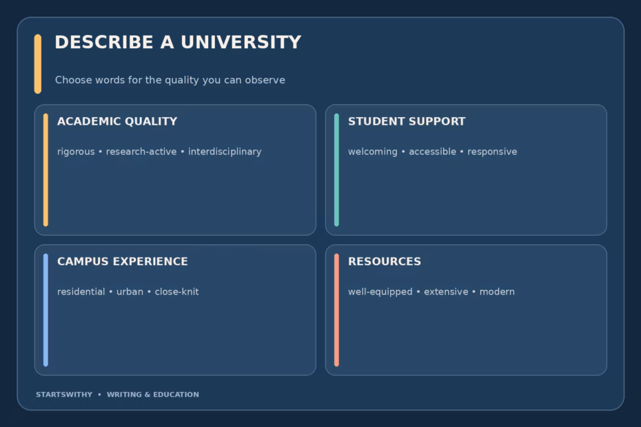 University description guide with four dimensions: academic quality, student support, campus experience, and facilities and access.