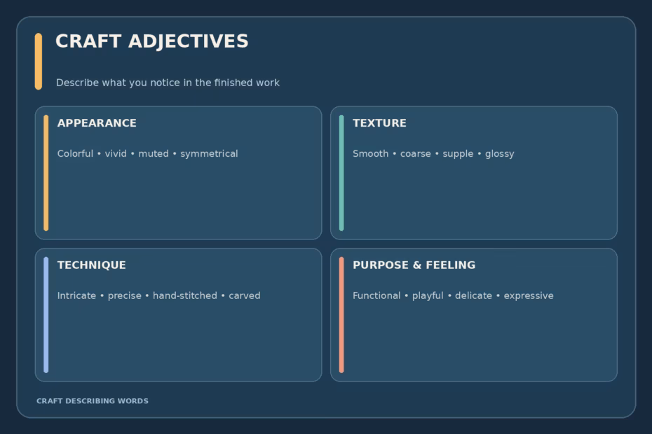 A craft adjective guide organized into appearance, texture, technique, and purpose, with sample words such as colorful, smooth, intricate, and functional.