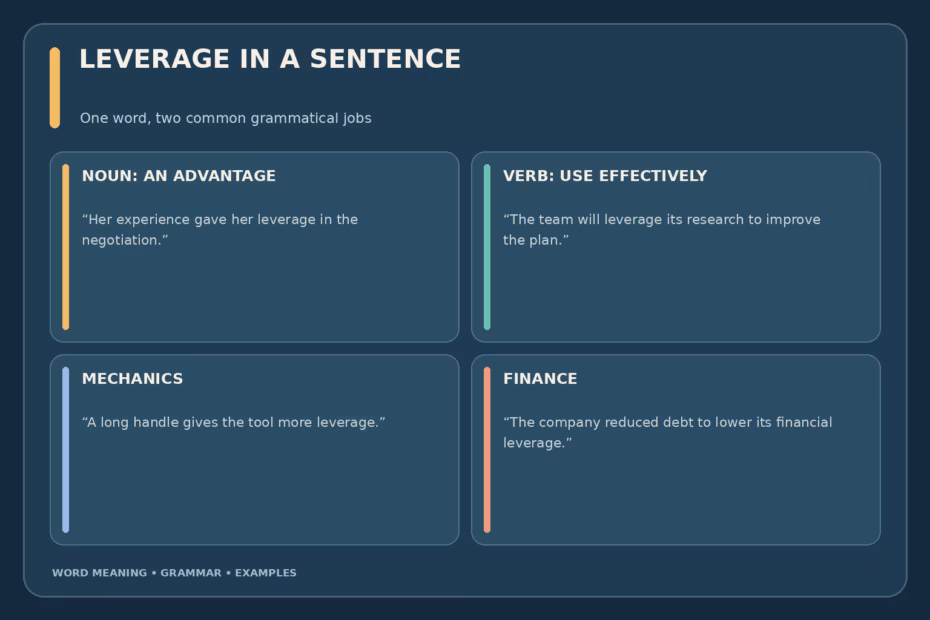 Leverage usage guide contrasting the noun meaning an advantage or mechanical force with the verb meaning to use an asset effectively.