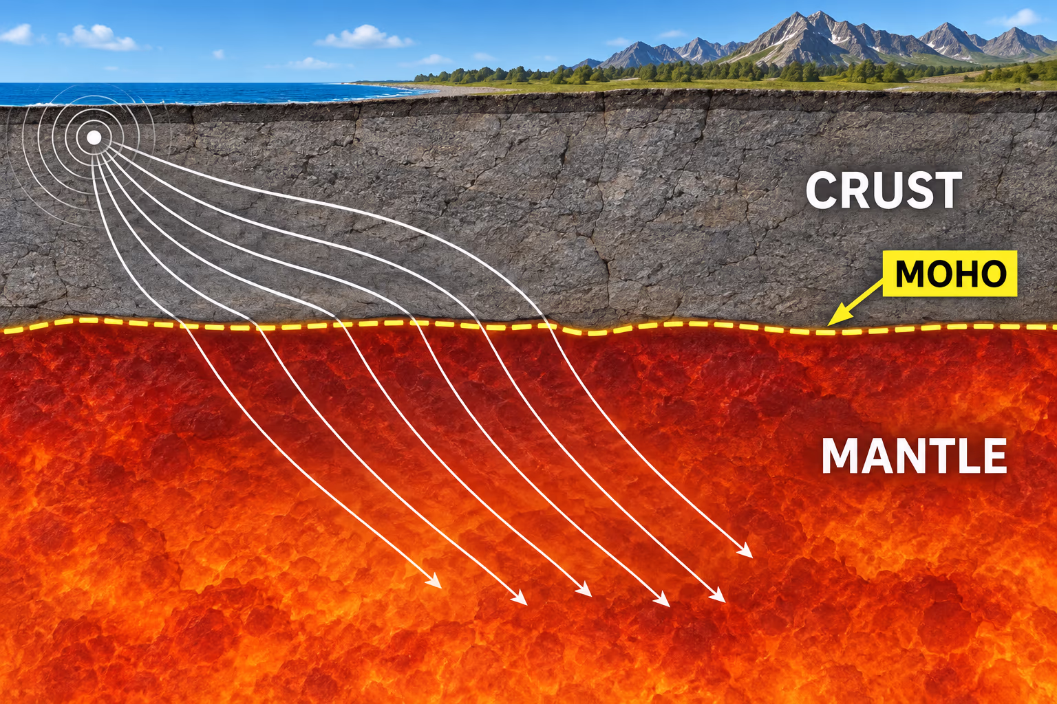 The Moho boundary separates Earth's rocky crust from the mantle below