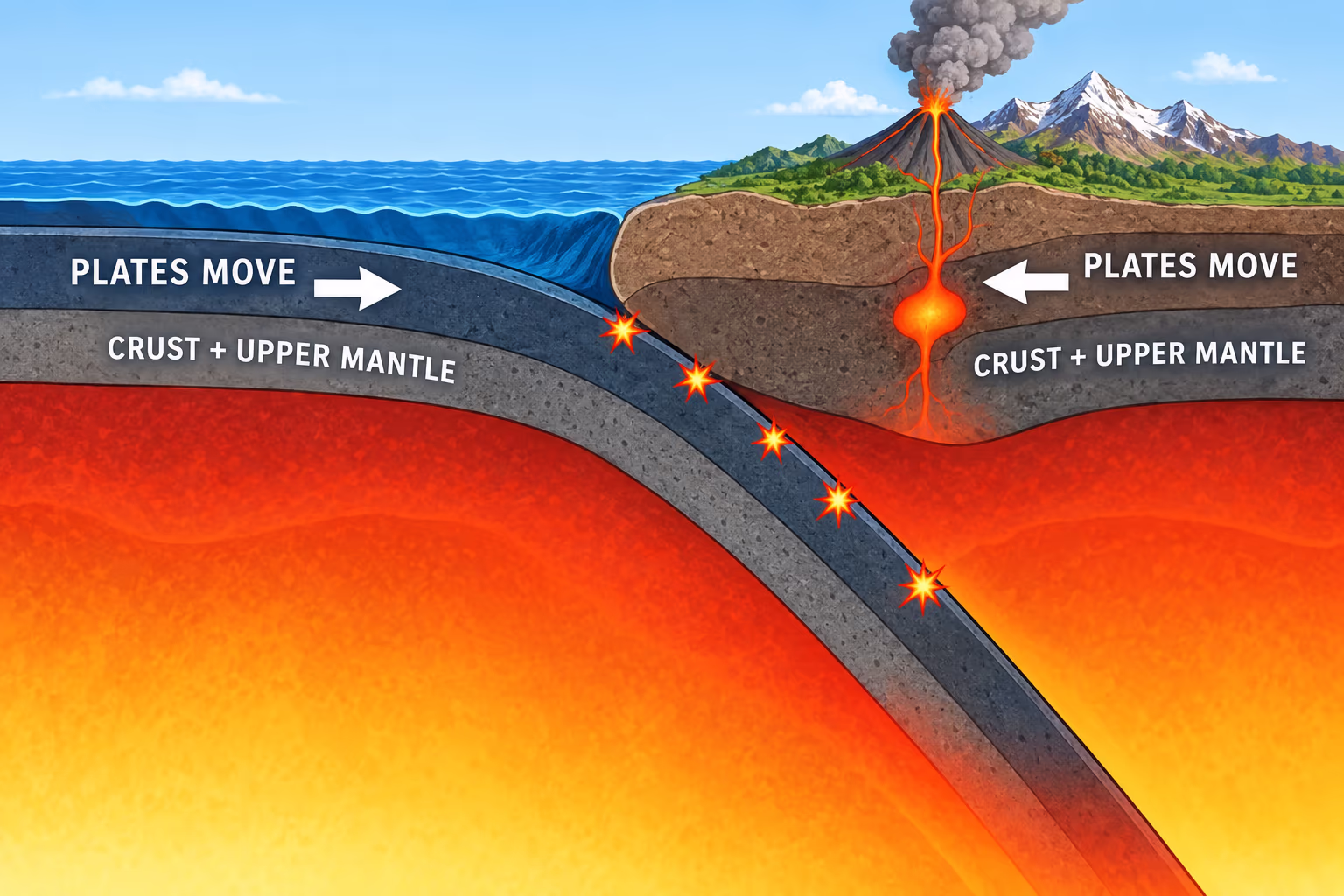 Oceanic lithospheric plate descends beneath continental plate at a convergent boundary