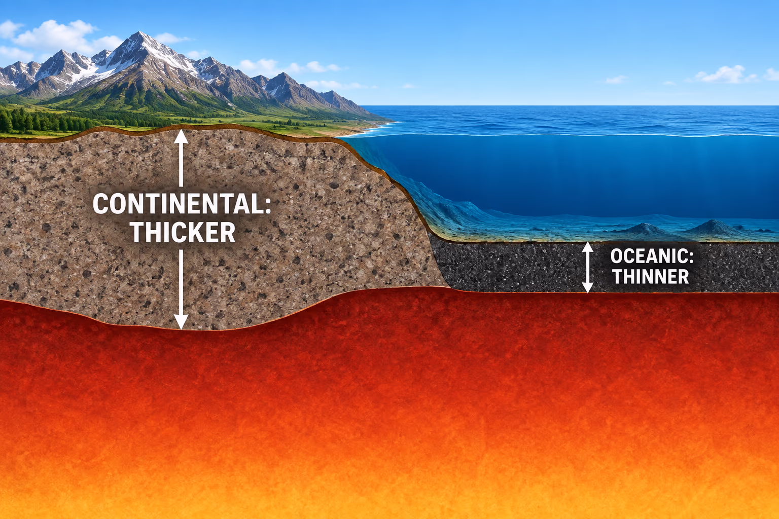 Continental crust is thicker than oceanic crust in a simplified Earth cross-section