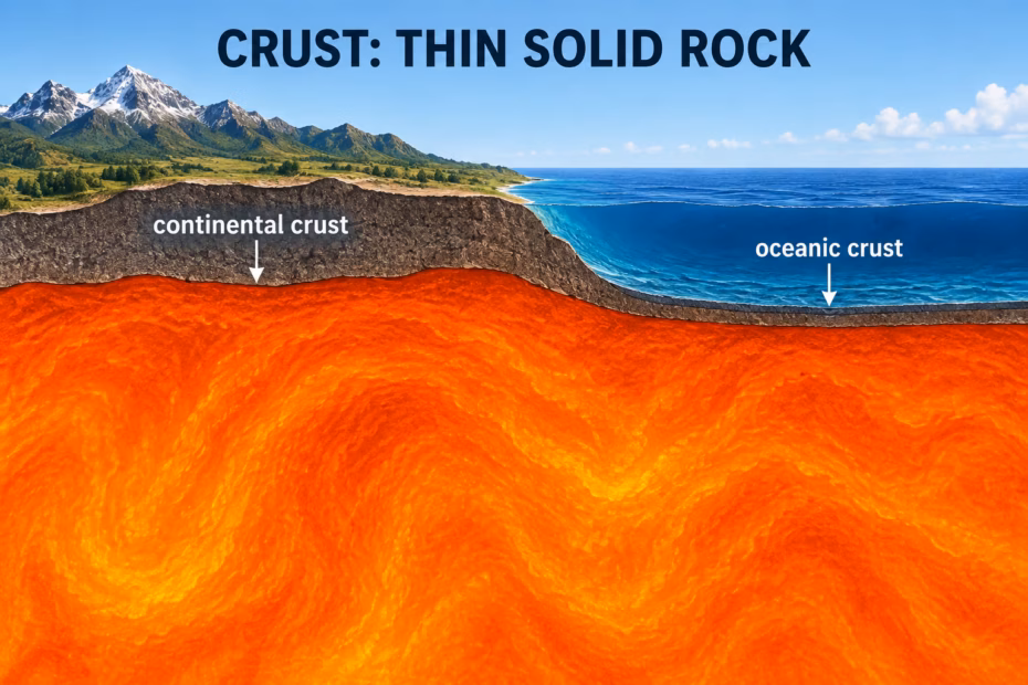 Earth cross-section showing thin continental and oceanic crust above the mantle