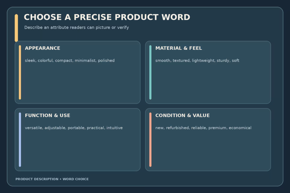 Product adjective guide grouping words by appearance, materials and feel, function and performance, and condition or value.