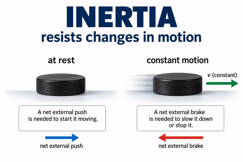Inertia resists changes in motion; a stationary puck needs a net push to start moving, and a moving puck needs a net brake to slow or stop.