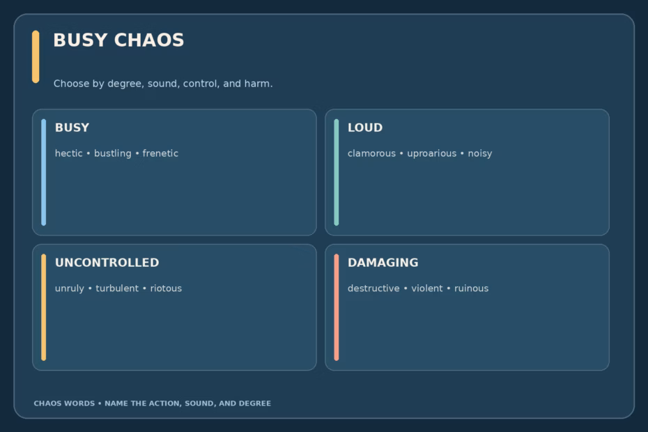 Four-step chaos adjective spectrum moves from hectic and bustling activity to noisy pandemonium, unruly mayhem, and destructive turmoil.