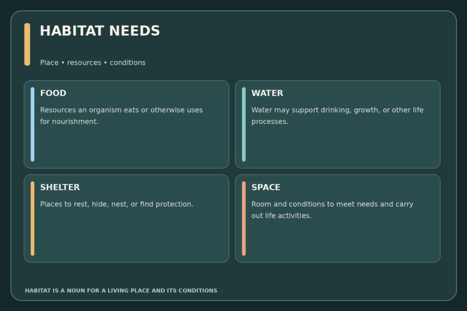 Habitat diagram connects a living organism with food, water, shelter, and space, the resources commonly used to explain basic habitat needs.