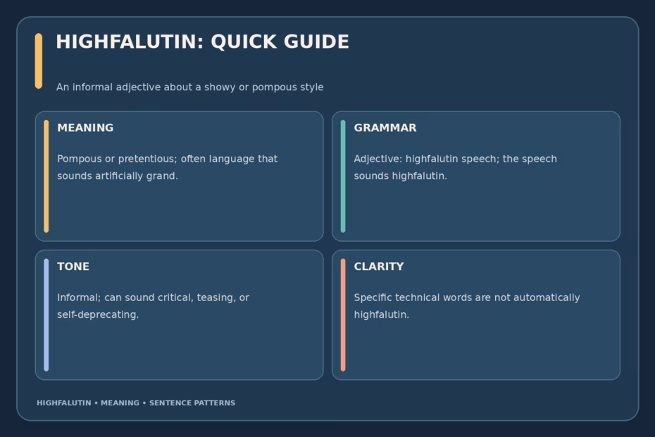 Highfalutin guide: meaning is pompous or pretentious; it modifies speech, claims, or people; tone is informal and often critical or humorous; use it as an adjective, not a verb.