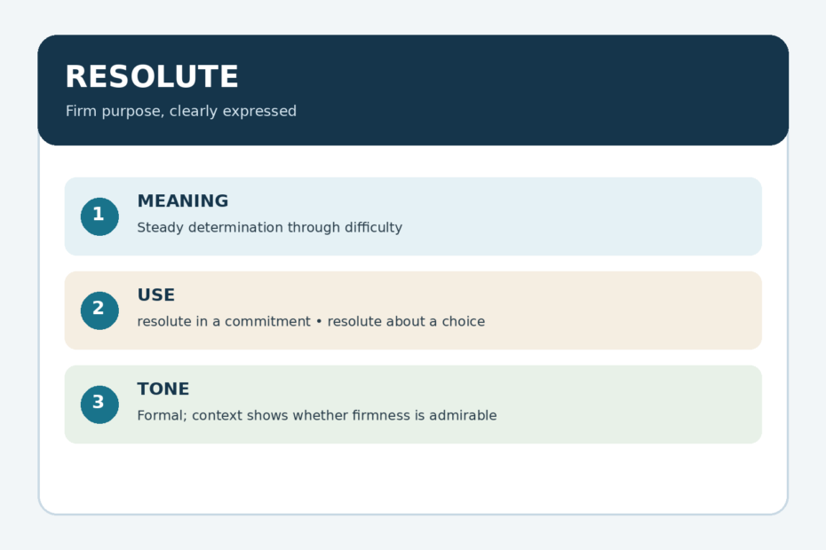 A sentence guide to resolute: firm purpose through a difficult choice, expressed with calm determination.