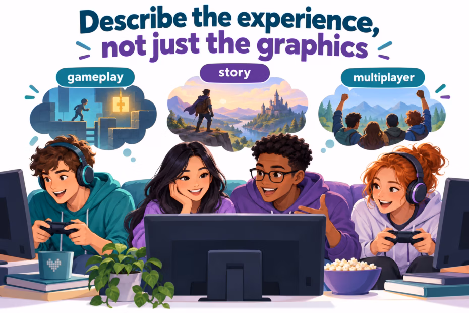 Illustrated guide to game adjectives, grouping gameplay, story, and multiplayer experiences.