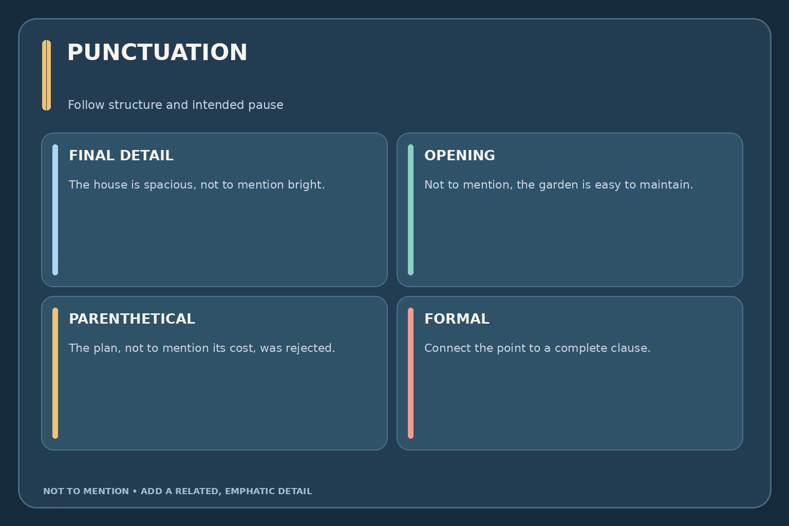 Punctuation examples show a comma before a final added detail, paired commas around a parenthetical phrase, and a sentence-initial use followed by a comma; a formal rewrite connects a complete clause.