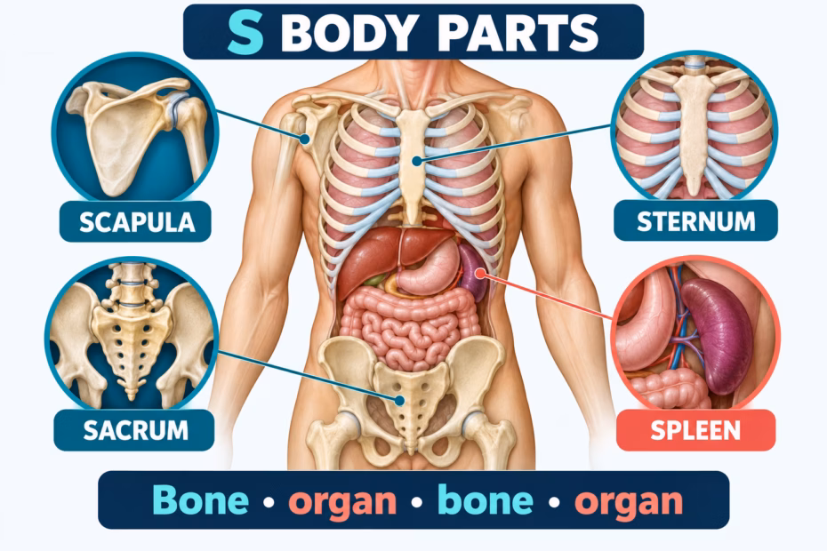 Anatomy overview labels the scapula, sternum, spleen, and sacrum on a human torso and reminds readers that examples include bones and organs.