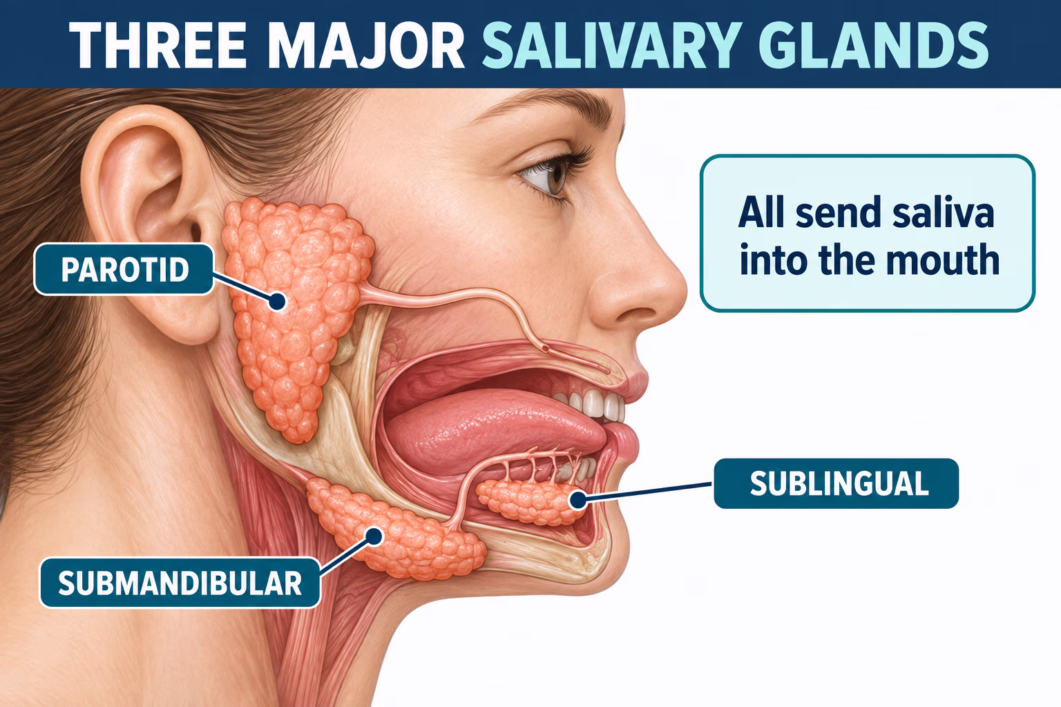 Side-profile anatomy illustration labels the parotid gland near the ear, the submandibular gland below the jaw, and the sublingual gland beneath the tongue.