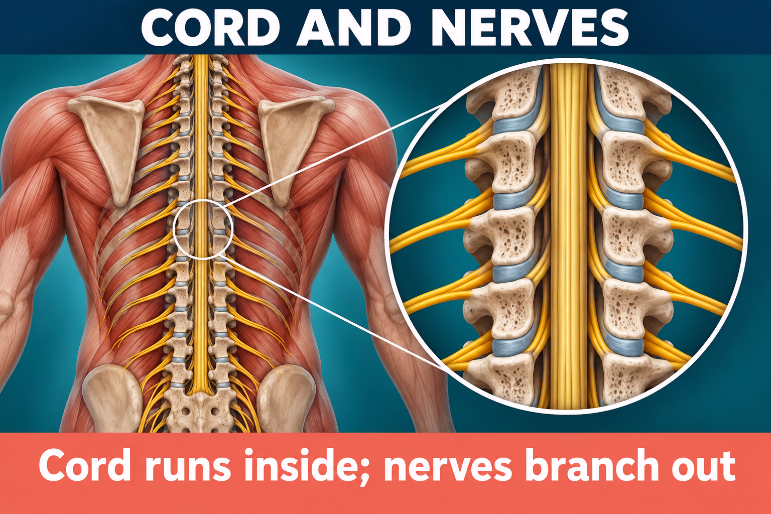 Back view of the spinal column showing the spinal cord inside the vertebral canal and paired spinal nerves branching outward.