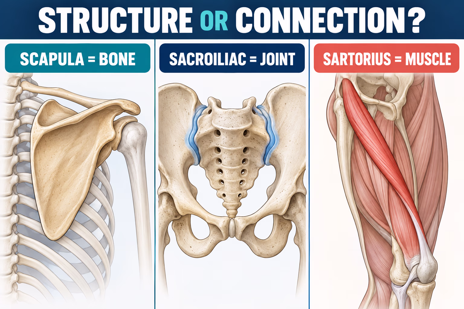 Three-part anatomy comparison shows the scapula as a bone, sacroiliac joint as a connection, and sartorius as a muscle.