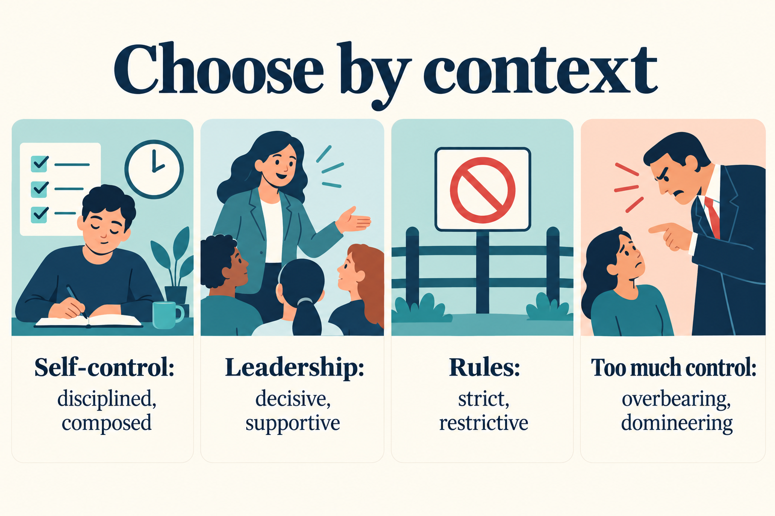 Adjectives for control by context: disciplined or composed for self-control, decisive or supportive for leadership, strict or restrictive for rules, and overbearing or domineering when control is excessive.