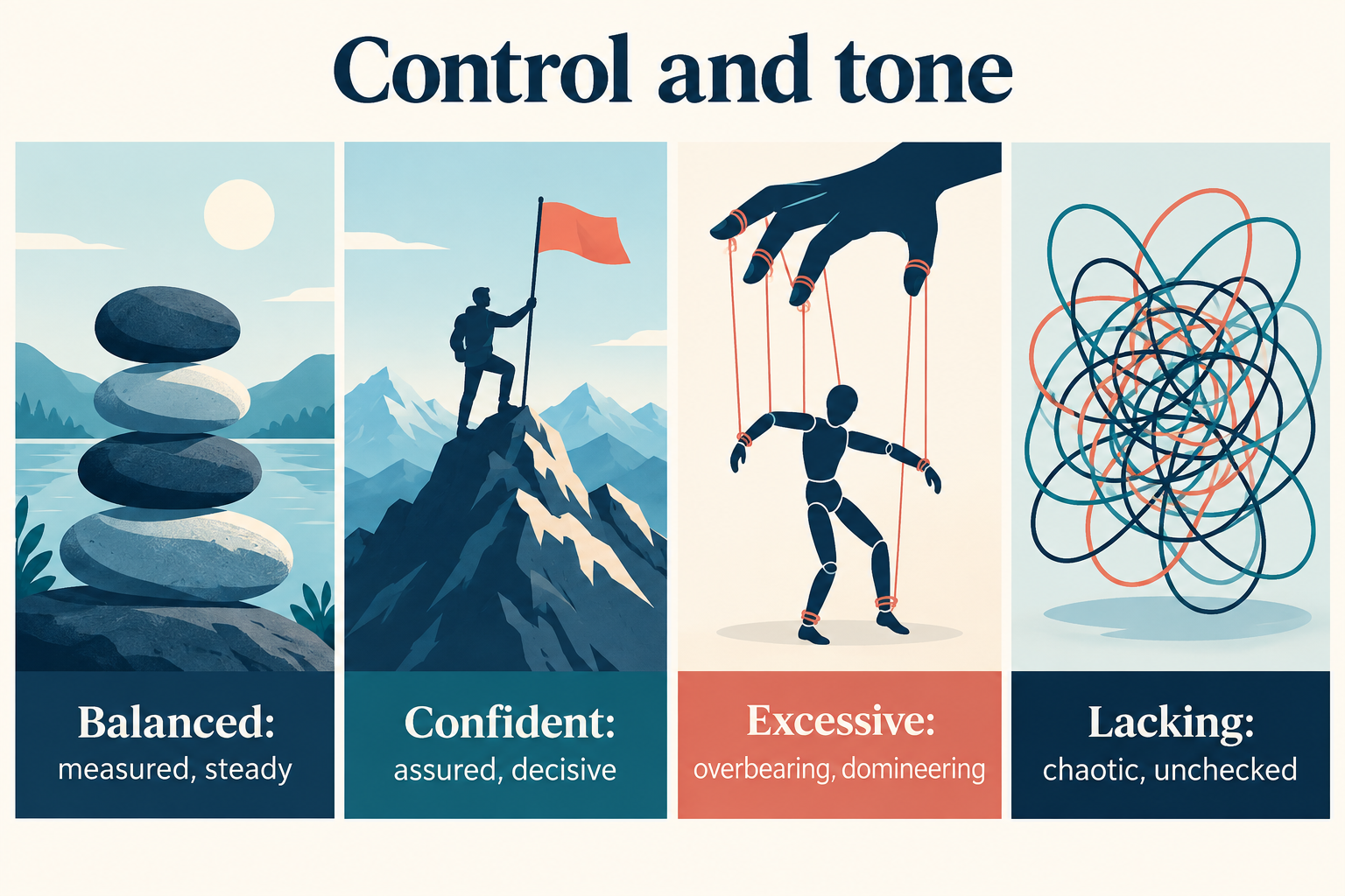 Control and tone: balanced control is measured and steady, confident control assured and decisive, excessive control overbearing and domineering, while a lack of control can be chaotic or unchecked.