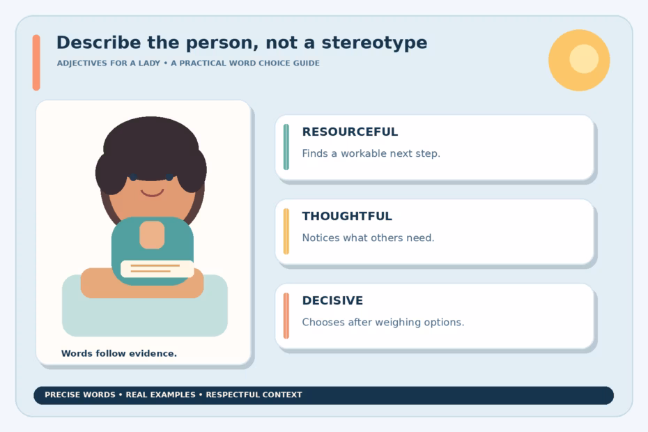 A friendly illustrated writing guide shows a woman at a desk choosing precise, evidence-based descriptors such as resourceful, thoughtful, and decisive; it advises describing observed actions rather than prescribing how women should behave.