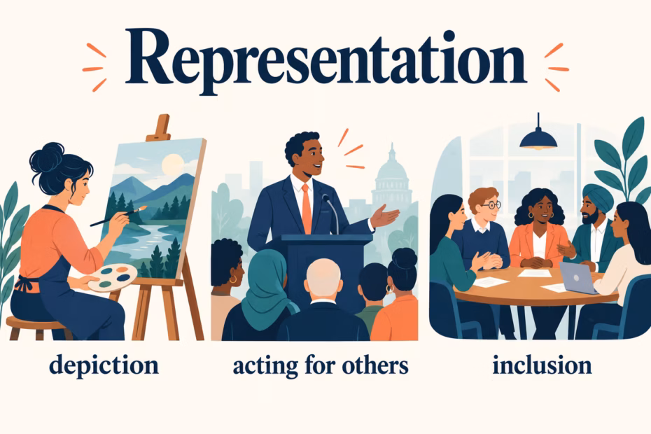 Representation can mean depiction, acting for others, or inclusion in a group.