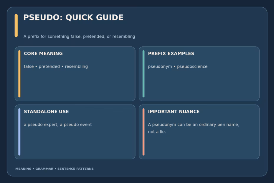 Pseudo quick guide: the prefix pseudo- means false, pretended, or resembling; examples include pseudonym and pseudoscience; a pseudonym is an assumed name, not necessarily deception; hyphenation depends on the established word.