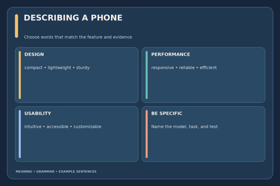 Phone adjective guide with four groups: design words such as compact and lightweight; performance words such as responsive and reliable; usability words such as accessible and intuitive; and evidence words such as model-specific and tested.
