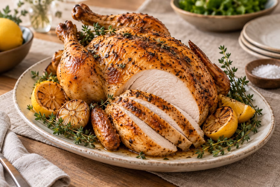 A whole herb-roasted chicken with golden browned skin, sliced breast meat, fresh thyme, and lemon on a serving platter.