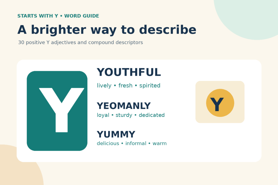 A positive Y-words guide highlighting youthful, yeomanly, and yummy with concise meanings.