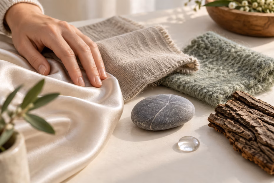 A hand touches fabric swatches, a soft wool surface, a smooth cool stone, bark, and a water droplet to show different tactile qualities.