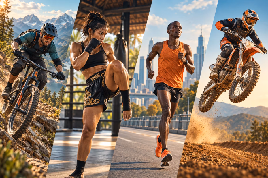 Four sports beginning with M: a mountain biker on a rocky trail, a Muay Thai athlete training, a marathon runner, and a motocross rider.