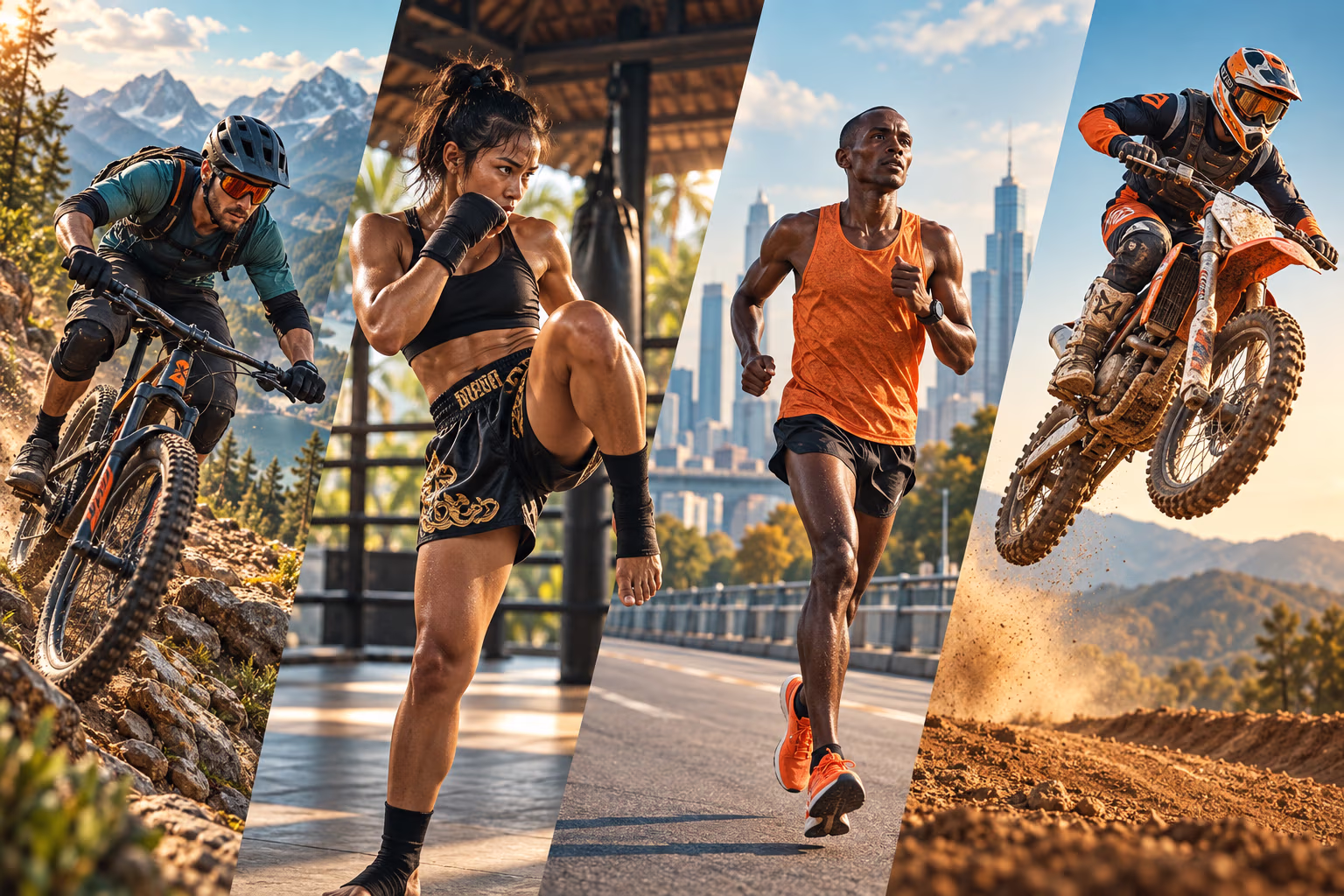 Four sports beginning with M: a mountain biker on a rocky trail, a Muay Thai athlete training, a marathon runner, and a motocross rider.