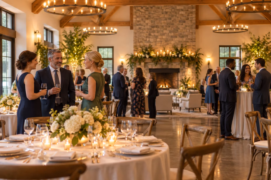 Guests chatting around flower arrangements and candlelit tables at a warmly lit indoor reception.