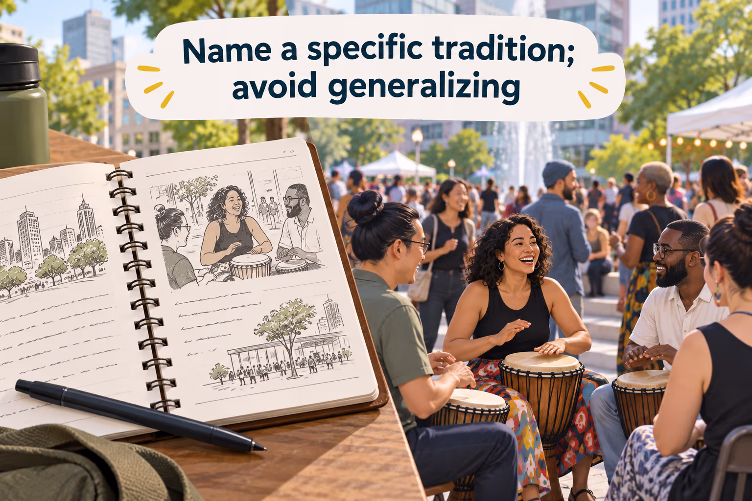 Travel writing notebook beside a community festival, with guidance to name a specific tradition instead of generalizing
