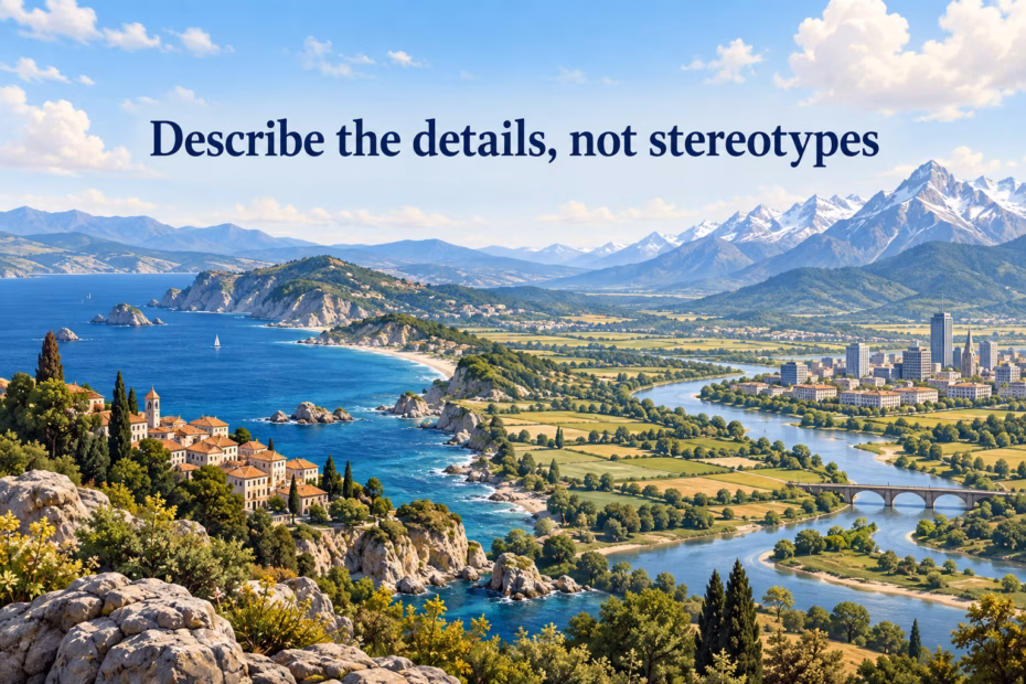 An illustrated atlas landscape with the reminder: Describe the details, not stereotypes.