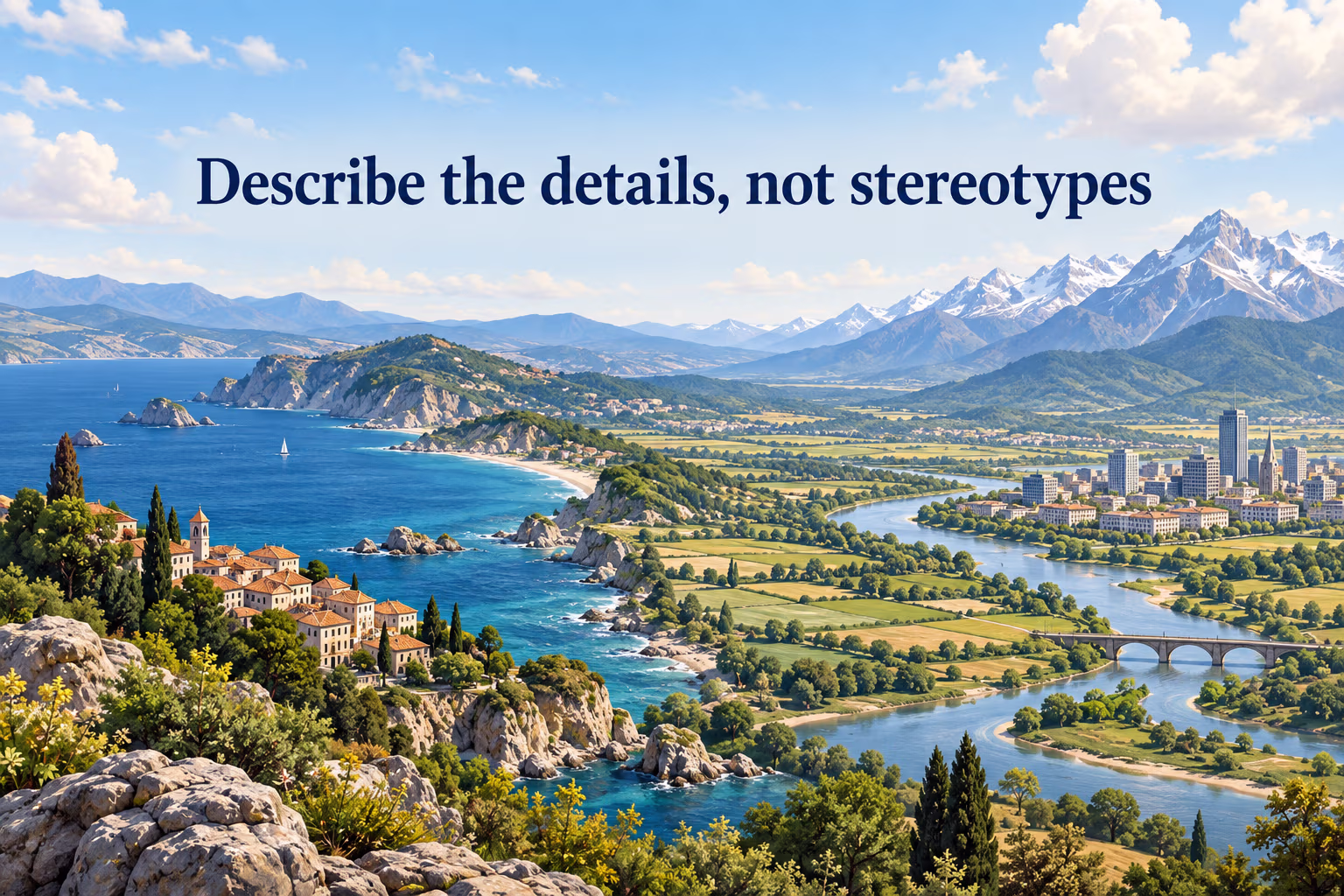 An illustrated atlas landscape with the reminder: Describe the details, not stereotypes.