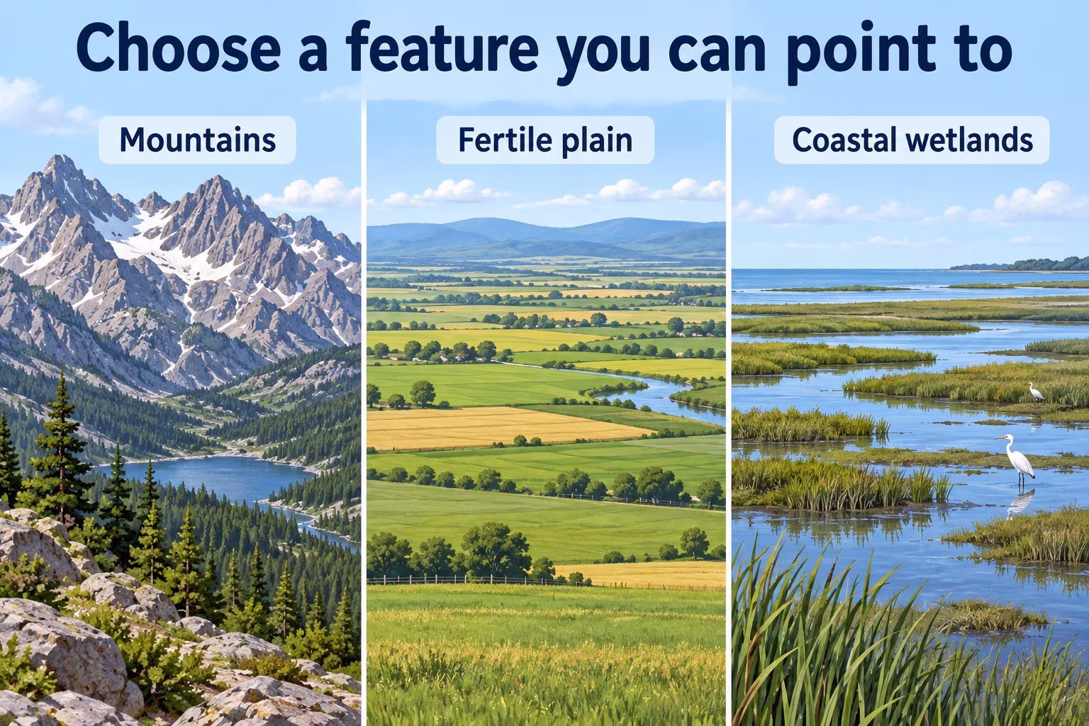 Three landscape examples—mountains, fertile plain, and coastal wetlands—with the reminder to choose a feature you can point to