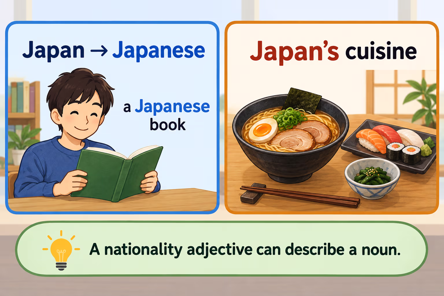 English usage examples show Japan becomes Japanese and Japan’s cuisine, with the reminder that a nationality adjective can describe a noun