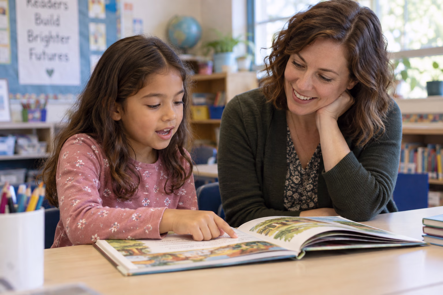 Teacher and young student sharing a picture book at a classroom reading table