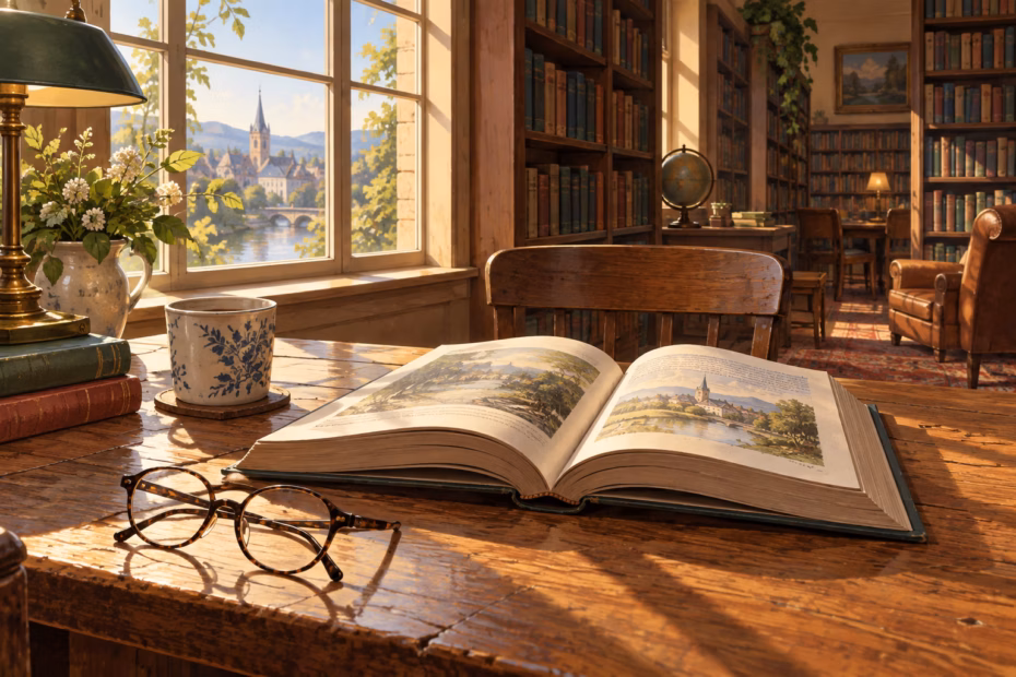 Open book, reading glasses, notebook, and tea on a library table in afternoon light