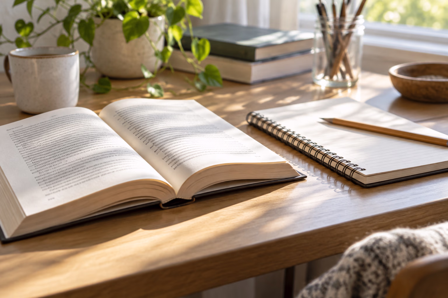Open book beside a blank notebook and pencil on a bright desk