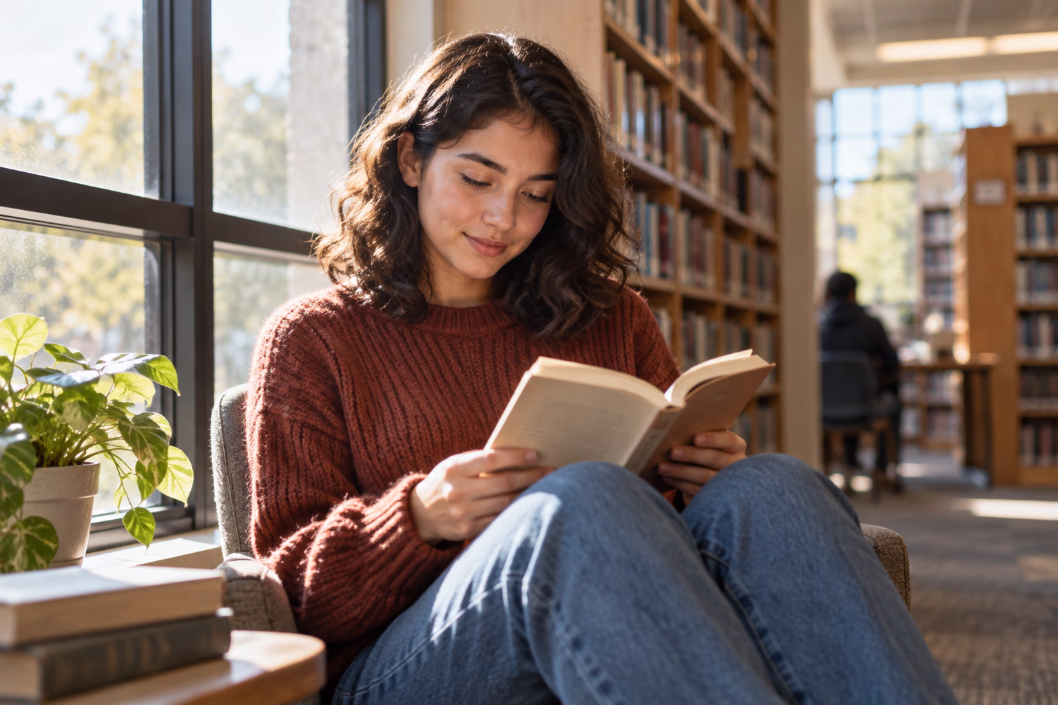 A reader enjoying a paperback beside a sunlit library window