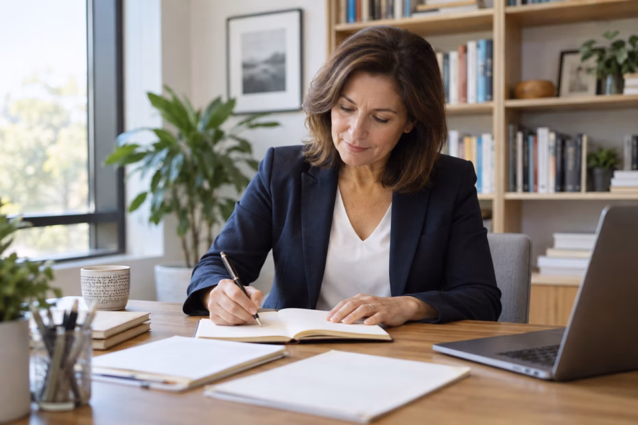 A professional mentor writes a recommendation letter at a desk