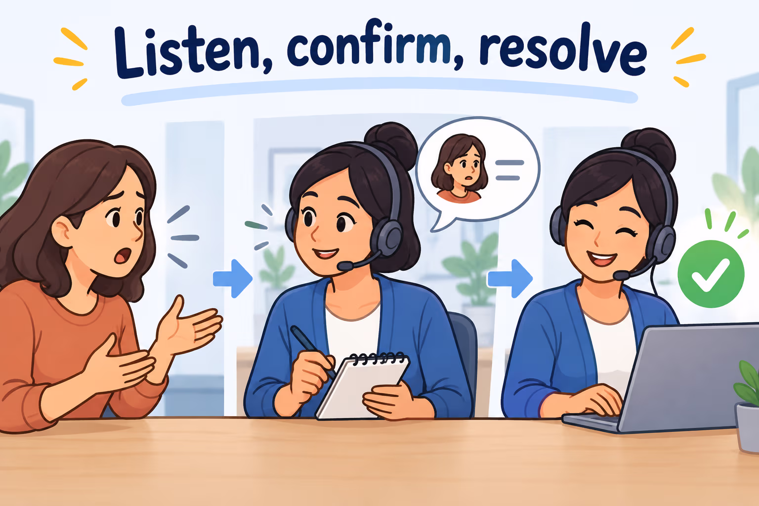 A customer explains a problem, an agent listens and confirms it, then follows through on the resolution.